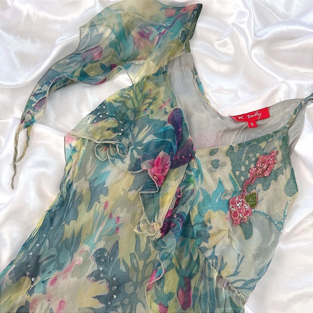 Derhy Floral Sequin Asymmetrical Ruffle Top Green Pink Fairycore Size S